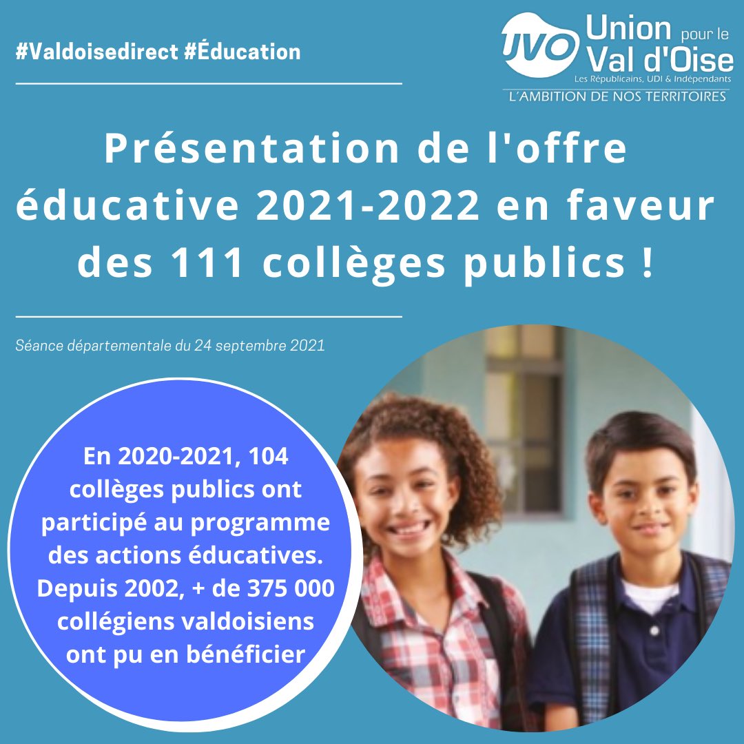 ✅ Vos élus ont approuvé l’offre éducative 2021-2022 en faveur des 111 collèges publics !
↪️ Depuis 2002, + de 375 000 collégiens ont pu en bénéficier #valdoisedirect #ValdOise