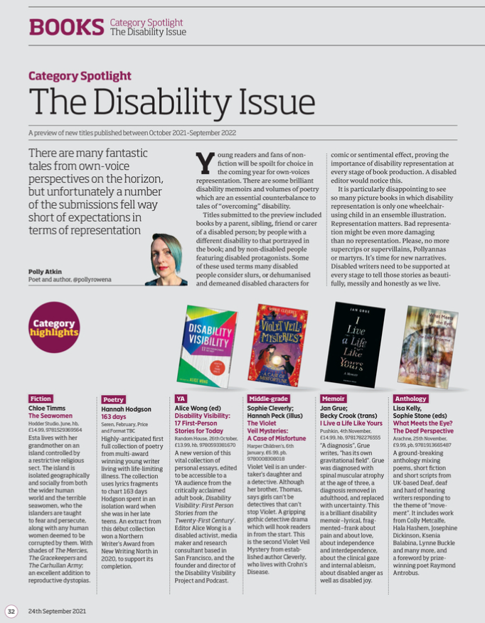clotimms's tweet photo. Overjoyed to see my novel #TheSeawomen in @thebookseller as a Fiction highlight in The Disability Issue. 

Honoured to be alongside brilliant disabled talent like @HodgsonWrites and @DisVisibility. Thank you @pollyrowena for including me in this spotlight. https://t.co/70HrMWNg5f