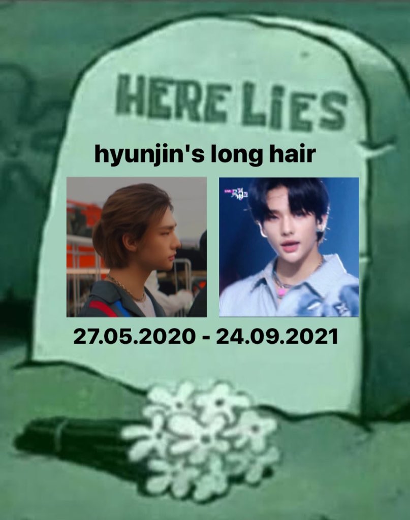 mazeinmiroh's tweet photo. everyone say thank you hyunjin's long hair for serving us for 1 year, 3 months and 28 days https://t.co/D3frlvKFgw