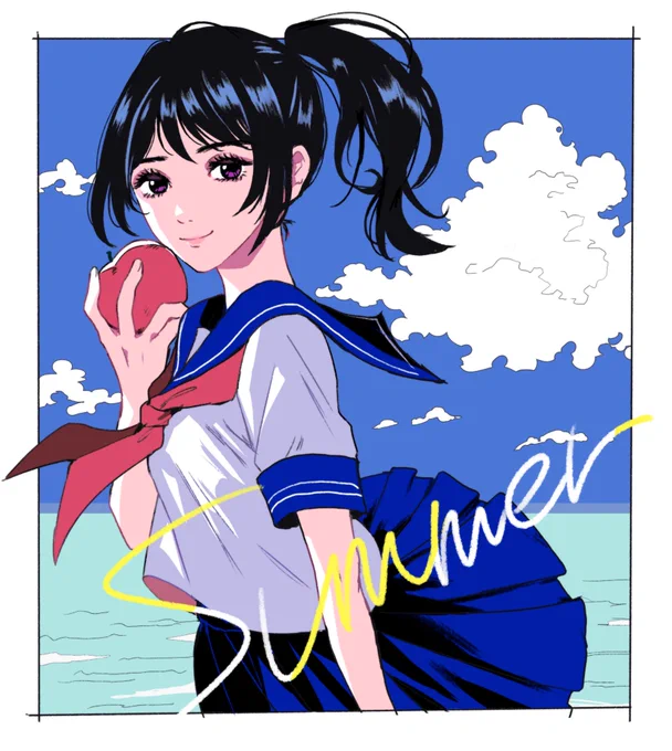 江口寿史さんの画風オマージュさせていただいて、フルーツとセーラー服テーマに描きました 