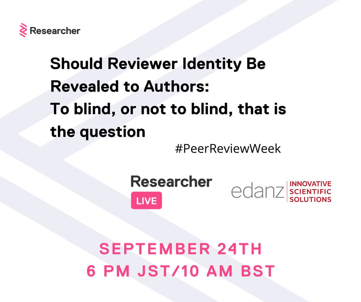 ResearcherApp's tweet photo. Starting now!
Should reviewer identity be revealed to authors: To blind, or not to blind, that is the question 💀
Find out what a panel of authors and publishing experts think in a Q&A co-hosted with @edanzscience #PeerReviewWeek2021
Join here ⬇️ ⬇️ ⬇️
https://t.co/balYUt7gI2 https://t.co/Wsh1ozR22T