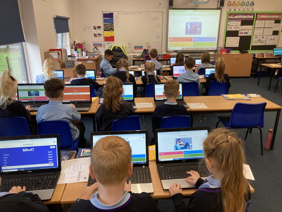 Year 4 are busy playing a Kahoot game about verbs to check our learning from this week about action and being words.