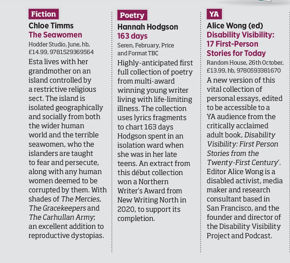 clotimms's tweet photo. Overjoyed to see my novel #TheSeawomen in @thebookseller as a Fiction highlight in The Disability Issue. 

Honoured to be alongside brilliant disabled talent like @HodgsonWrites and @DisVisibility. Thank you @pollyrowena for including me in this spotlight. https://t.co/70HrMWNg5f