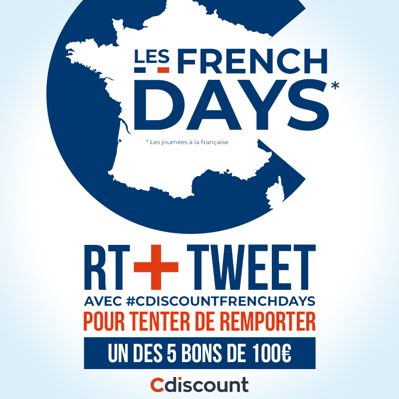 Cdiscount's tweet photo. 🎁 #Concours

🇫🇷 Pour fêter le début des #CdiscountFrenchDays, on vous offre un bon de 100€ pour 5 d'entre vous ! ➡ https://t.co/69syxT4N7p

Pour tenter ta chance : 
🔸 RT + Tweet avec le hashtag #CdiscountFrenchDays
🔹 Follow @Cdiscount

⏰ TAS 27/09 https://t.co/S1aUaI7rrV