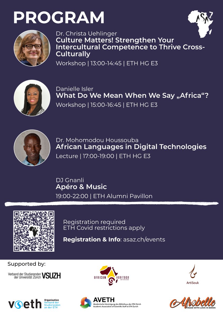 ASA_Zurich's tweet photo. Join our first edition of the African Culture Day on Thursday, 30th of September at ETH Zürich.
The event will start at 13:00 with different workshops at ETHZ HG E3 and then an Apéro and music in the Alumni Pavillon. To register please use the QR code on the flyer. https://t.co/rDp6oUngwR