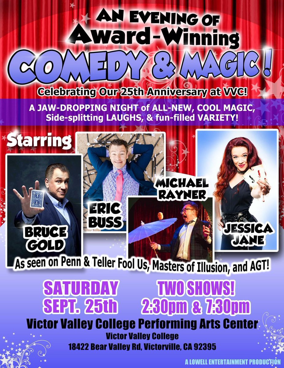 JessicaJaneMagi's tweet photo. This Saturday @vvcedu ! Shows at 2:30pm and 7:00pm! #comedyandmagic #magicshow #victorvalleycollege #magicians #victorville @ericcbuss @brokenjuggler @chipperlowell
https://t.co/mCQrwFjAVc https://t.co/f9uM4eM9Rg