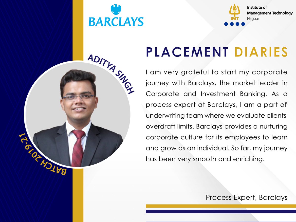IMT_Nagpur's tweet photo. #IMTNagpur is proud of Aditya Singh, Ashma Agarwal, and Shrirupa Baidya Roy from the batch of 2021, who have been recruited as #ProcessExpert and #GraduateAnalyst at #Barclays. They share their experiences below. https://t.co/3OzoBVykov