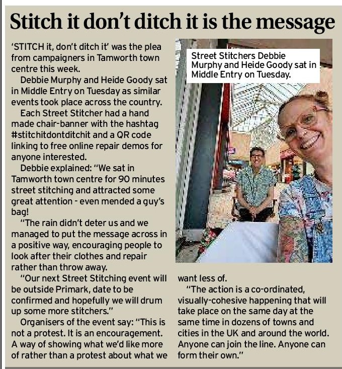 missfitcreates's tweet photo. Thanks @tamworthherald for the article last week, a copy of which will featured on the #StreetStitching site - we'll be taking the #StitchiItDontDitchIt message back out on the street again soon #watchthisspace #Tamworth #SustainableFashion #MendYourClothes https://t.co/7mrcRAfbPu