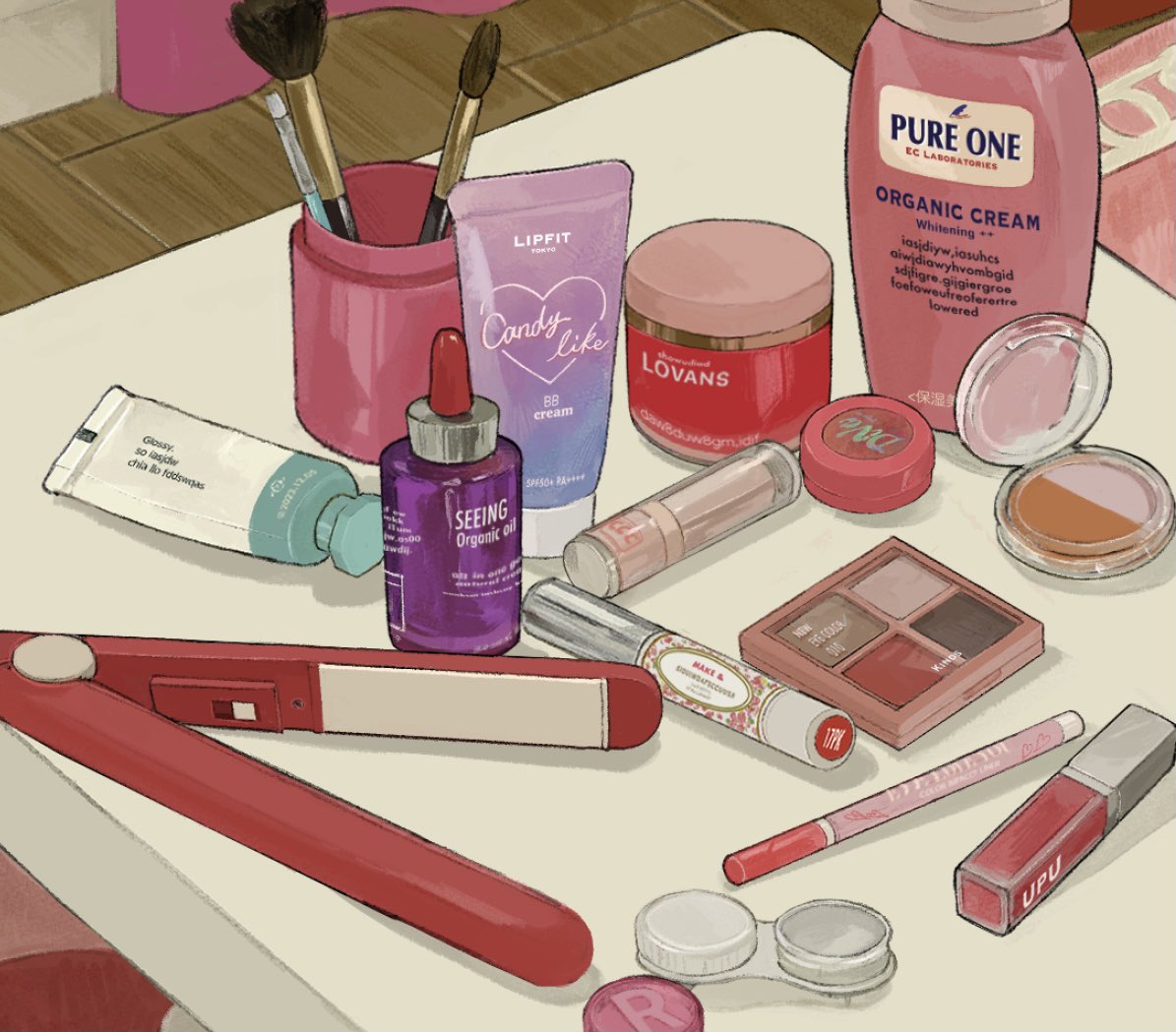 no humans english text cosmetics still life bottle lipstick tube mirror  illustration images