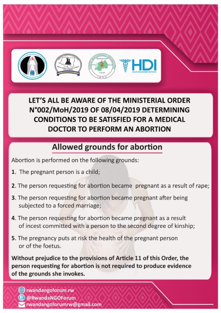 #28Sept every year is the International Safe Abortion Day, as we are approaching the celebration Let's All be aware of the Allowed grounds for abortion in Rwanda. #SafeAbortionRw2021 #SafeAbortionSavesLives <a href="/RwandaNGOForum/">Rwanda NGOs Forum on HIV/AIDS and H.P</a> <a href="/amplifyfund/">AmplifyChange</a> <a href="/HDIRwanda/">HDI Rwanda</a> <a href="/RBCRwanda/">Rwanda Biomedical Centre</a>
<a href="/AfriYAN_Rwanda/">AfriYAN Rwanda</a>