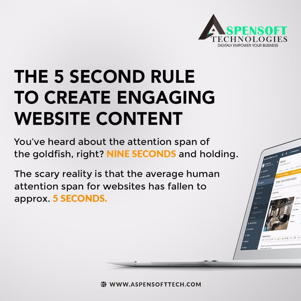 Aspensofttech's tweet photo. The 5 Second Rule To Create Engaging Website Content.

You’ve heard about the attention span of the goldfish, right? Nine seconds and holding.
#digitalmarketing #webmarketing #internetmarketingtips #internetmarketingtraining #aspensofttechnologies #aspensofttech https://t.co/D8FZPooBgz