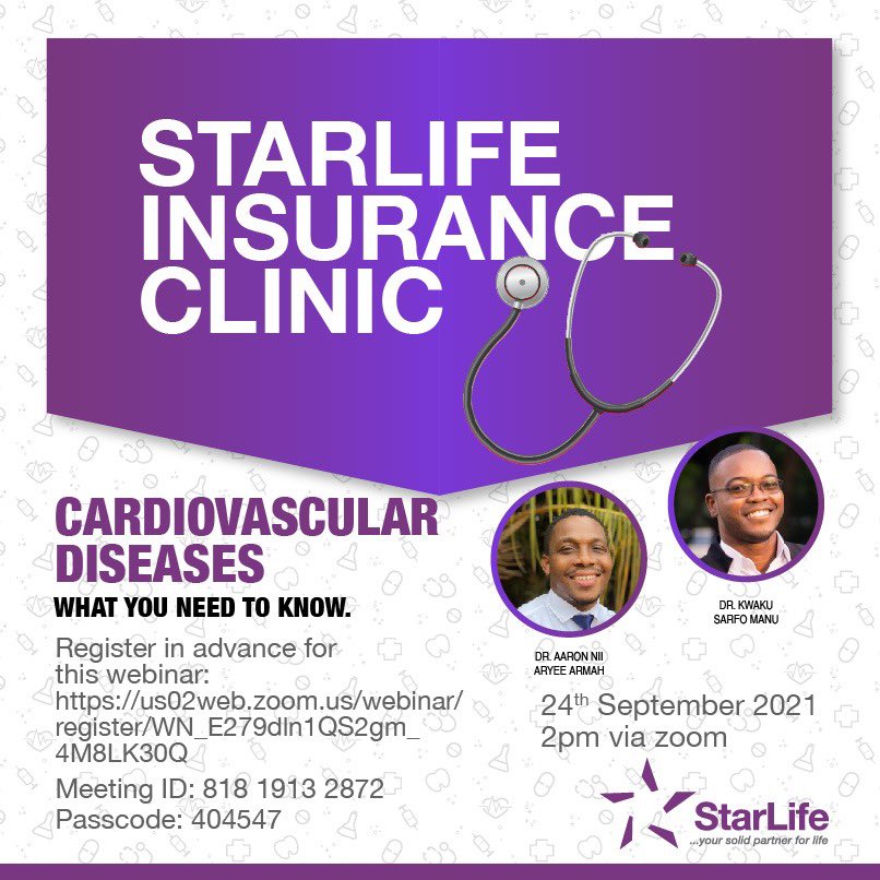 Starlifegh's tweet photo. It’s today! Join us at 2pm with Dr.Aaron Nii Aryee Armah and Dr.Kwaku Sargon Manu, via zoom and learn more about Cardiovascular Diseases. 

Register for this webinar at this link: 
https://t.co/YPoUlxTYHd

#StarLife #Yoursolidpartnerforlife #Insuranceclinic #cardiovasculardisease https://t.co/vrkQsHHk19
