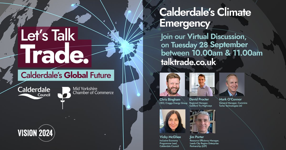 Calderdale's tweet photo. Be part of Calderdale’s future and have your say on the #climateemergency. Local businesses are uniting at next week’s panel to discuss strategies and concerns for the area. Join the conversation: https://t.co/HFtTZOSrfR #VisionCdale2024 #LetsTalkTrade https://t.co/GkWWbPeyhG