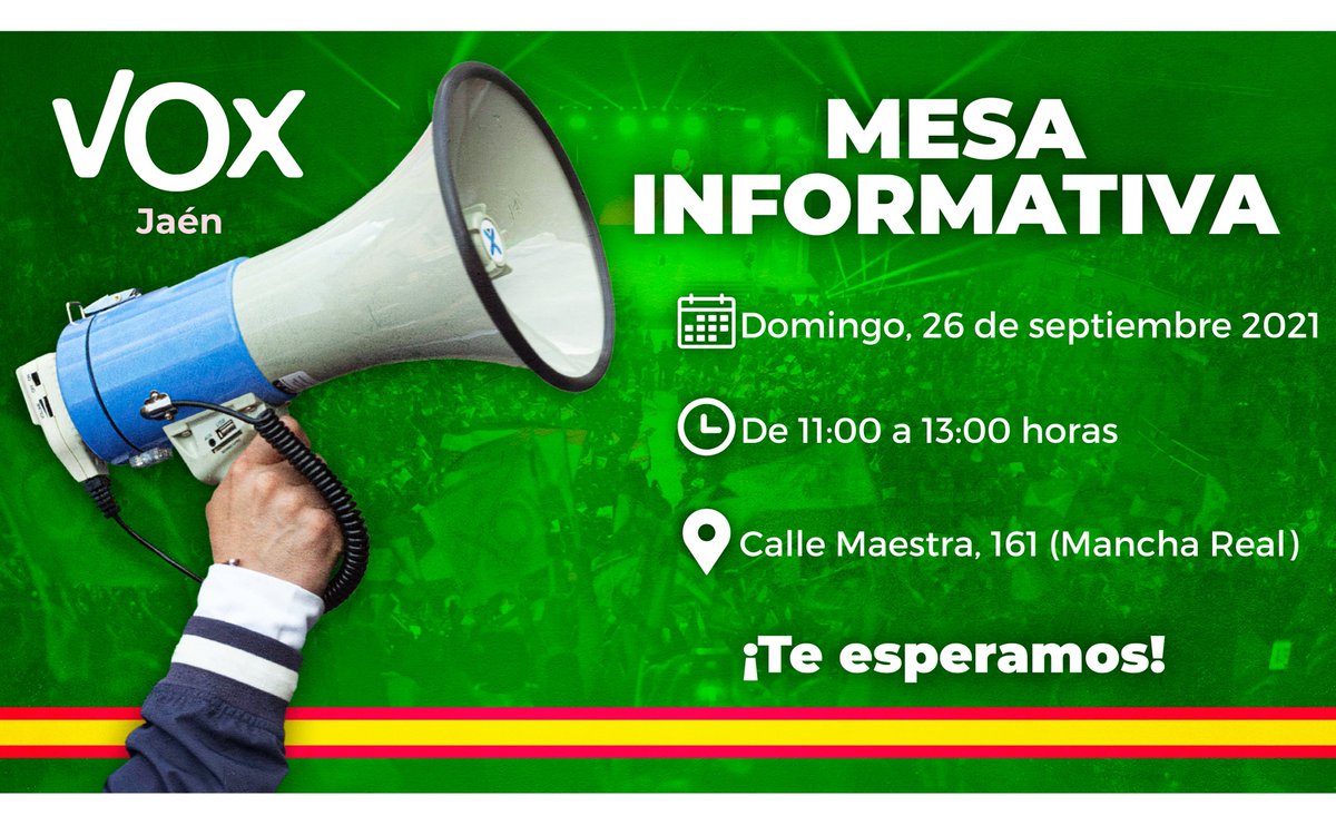 VoxUbeda's tweet photo. NOS VEMOS EN #MANCHAREAL
Este domingo, nueva mesa informativa.
⏲ De 11:00 a 13:00
📍 Calle Maestra (Plaza de La Paloma)
¡Te esperamos!
#VuelvenLasMesas
#VoxEsImparable https://t.co/B2Op1vf2mj