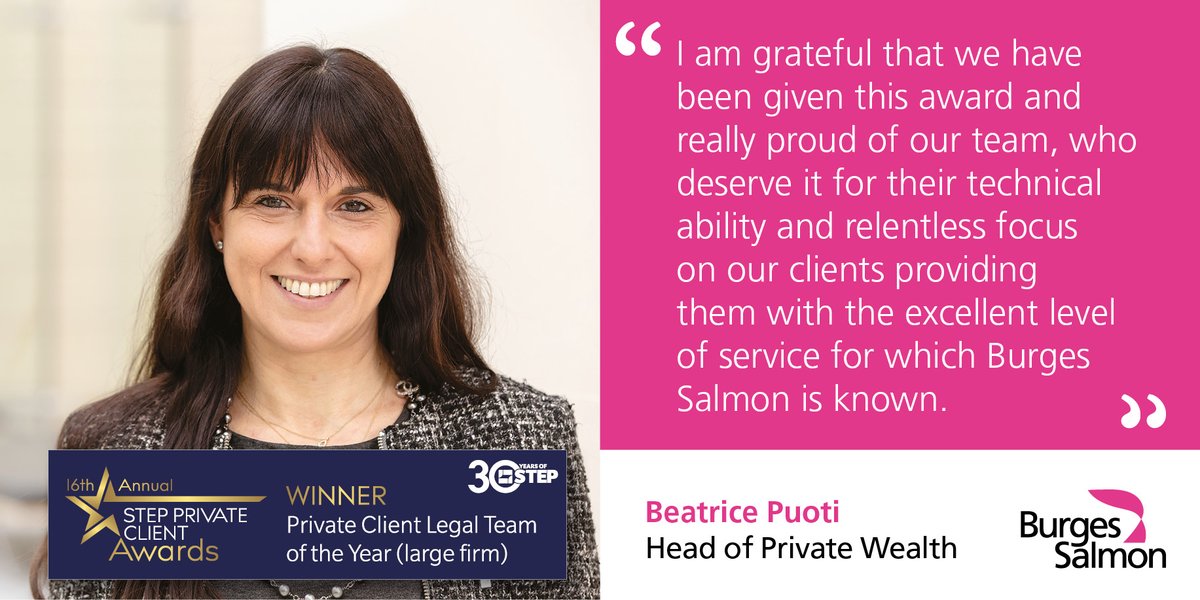 BurgesSalmon's tweet photo. We are thrilled to have been named ‘Private Client Legal Team of the Year’ yesterday at the STEP Private Client Awards for the fourth time since 2016.

You can read our press release here: https://t.co/lyvdewSaxt

#privatewealth https://t.co/ifEYIrIwiC