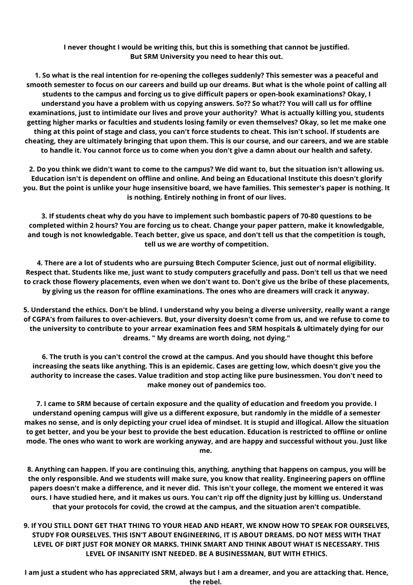 Magichormone's tweet photo. SRMITES YOU NEED TO READ THIS. AND AUTHORITY WHY DON'T YOU TOO GO THROUGH A HUMOUROUS READ? Inside SRM images &amp; videos are viral. 
MY SAY
#StudentLivesMatter #srmforcingofflineclasses #srmforcingstudents #srmist #srm #srmforcingofflineexams #EducationForAll #COVID19 #ourlife https://t.co/KxkcyKZrFl
