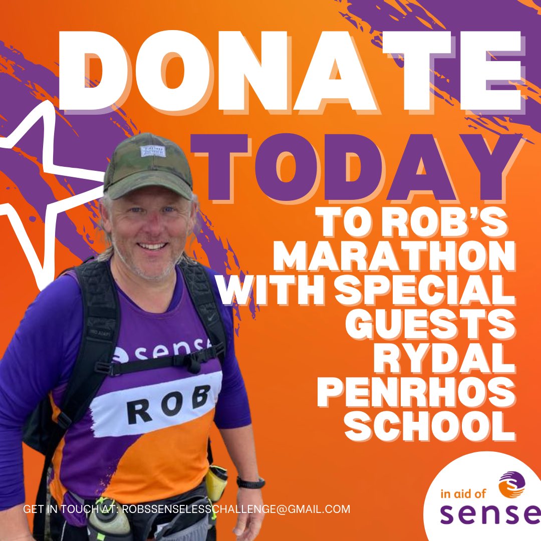 RobsSenseless's tweet photo. Today’s the day!! Rob’s Marathon! You can support Rob and the children who will be joining him on his journey @rydalpenrhosschool today by visiting the link and donating 🧡💜 Every Penny goes to the amazing Charity @sensecharity 
@https://www.justgiving.com/campaign/robschallenge https://t.co/8m9RC4r9vK