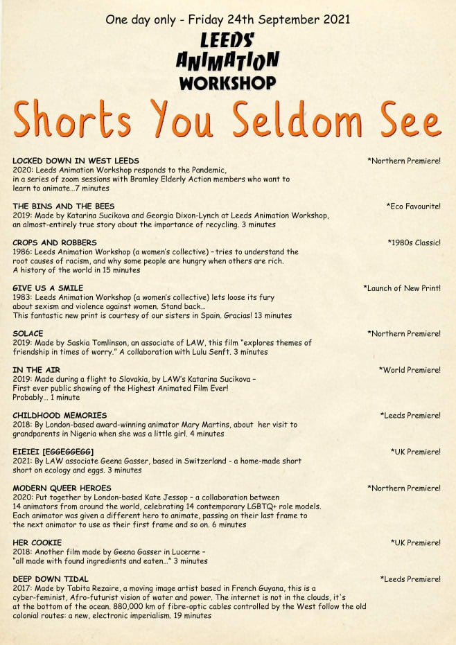 animation_kat's tweet photo. "Shorts You Seldom See"
TODAY - FREE Scalarama film screening by Leeds Animation Workshop @ 7.30pm on Zoom!!!
Free tickets on Eventbrite:   https://t.co/lhlHv2izvI https://t.co/fEo5oriQfn