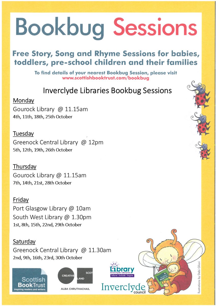 InverclydeLibs's tweet image. 𝐁𝐨𝐨𝐤𝐛𝐮𝐠 𝐀𝐧𝐧𝐨𝐮𝐧𝐜𝐞𝐦𝐞𝐧𝐭! 📣 

Bookbug Sessions are available on a block booking basis and places for our October sessions can now be booked via Eventbrite  🎶📚🎶 

#BookbugWithInverclydeLibraries #BookbugSessions