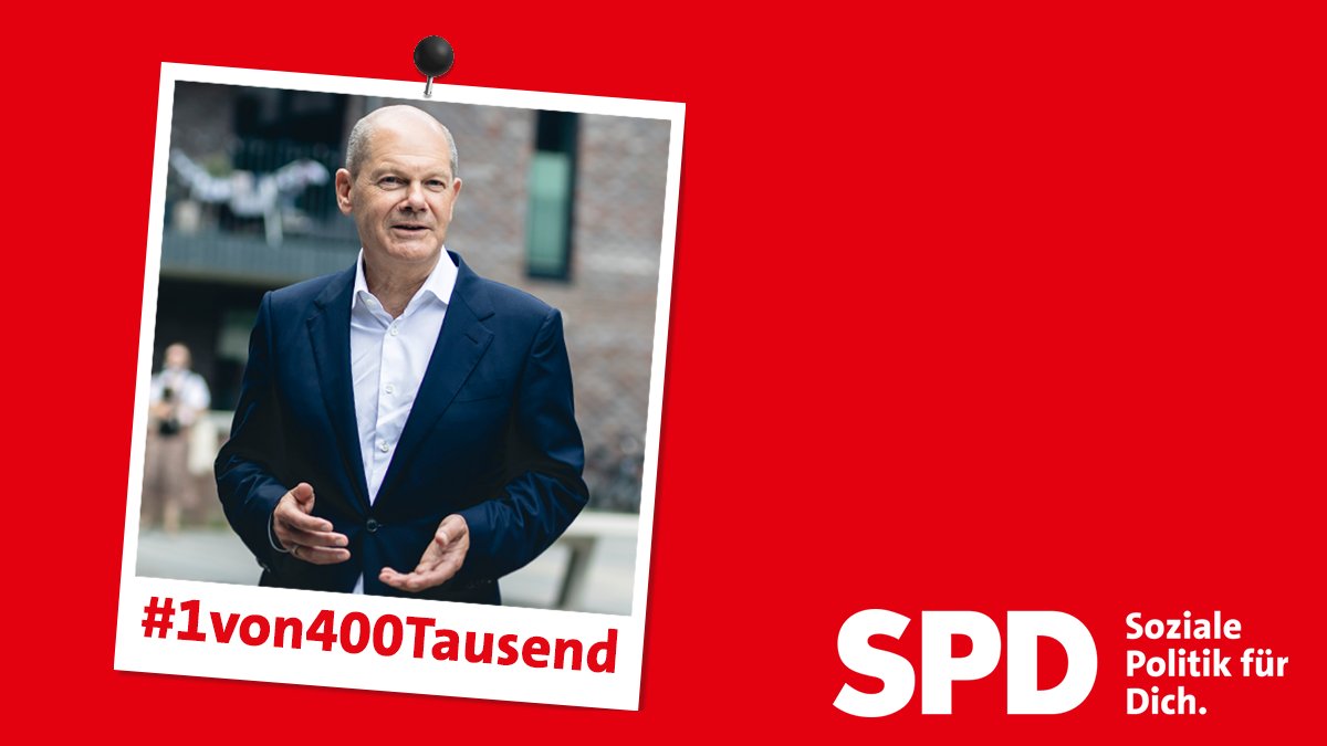 Auch <a href="/OlafScholz/">Olaf Scholz</a> ist #1von400Tausend:
"Mein Name ist Olaf Scholz und Gerechtigkeit, das war der Grund, warum ich mit 17 in die SPD eingetreten bin. Gerechtigkeit, das ist ein Motiv, das mich durch mein ganzes Leben begleitet. Das war schon in der Grundschule so." 1/4