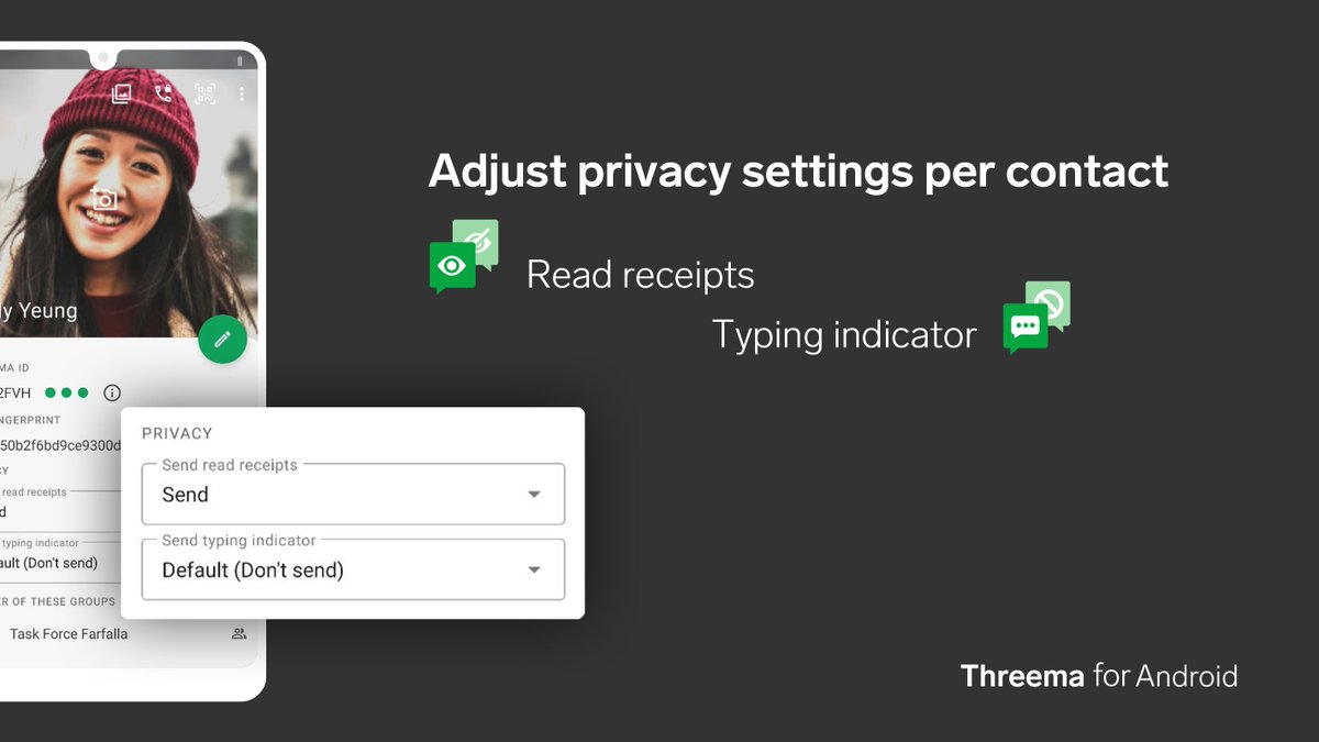 ThreemaApp's tweet photo. Here’s a potential “How did I ever live without it?” feature: contact-specific privacy settings. Now in Threema for Android. https://t.co/A7PXlGIG7c https://t.co/gbtRokFVYR