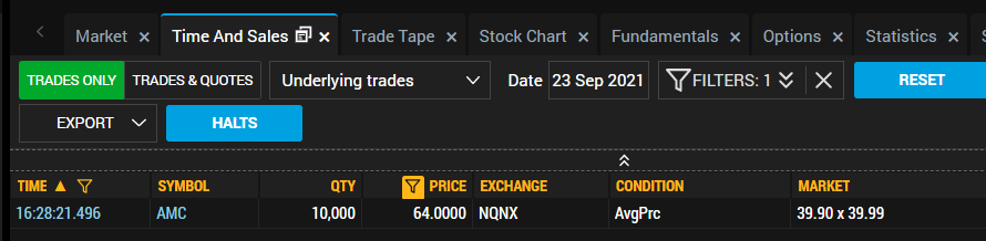VolumePrintcess's tweet photo. Attention all Apes! Check out this 10,000 trade that went off yesterday on $AMC at $64 #DarkPool #Pricediscrepancy https://t.co/ygXknDaZyp
