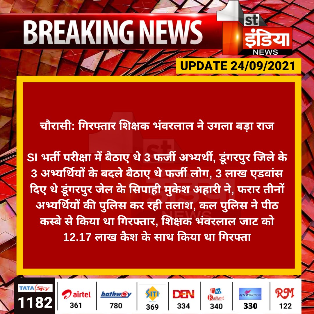 1stIndiaNews's tweet photo. #Dungarpur #चौरासी: गिरफ्तार शिक्षक भंवरलाल ने उगला बड़ा राज

SI  भर्ती परीक्षा में बैठाए थे 3 फर्जी अभ्यर्थी, डूंगरपुर जिले के 3 अभ्यर्थियों के बदले बैठाए थे फर्जी लोग, 3 लाख एडवांस दिए थे डूंगरपुर जेल के सिपाही मुकेश अहारी ने....

@DungarpurP https://t.co/hKR16jbviy