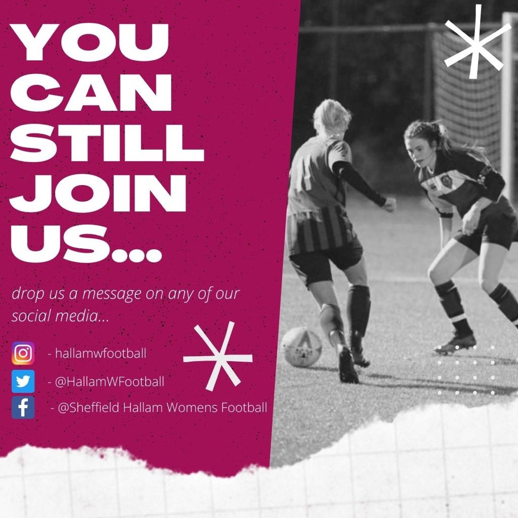 ‼️ITS NOT TOO LATE‼️

Missed sports fair? 
You can still join us by dropping us a message on any of our social media and we’ll get back to you ASAP!⚽️ 

#sheffieldhallam #hallam #womensfootball #bleedmaroon