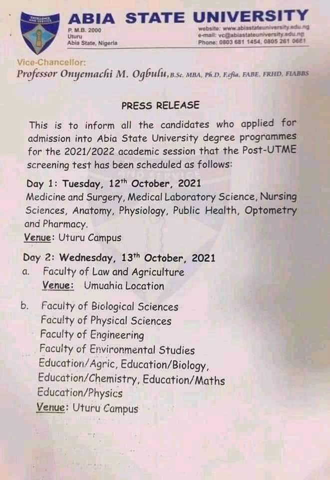 absuvilla's tweet photo. Breaking : Absu releases date for its postutme 2021.
#Absu #AbsuPostUtme2021 https://t.co/MlcVFArQlY