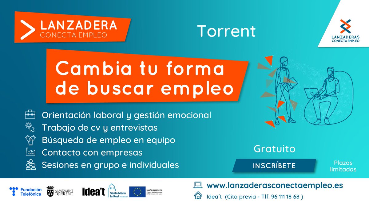 Buscamos #hombres #mujeres #desempleo (18-60 años) para participar en la nueva #LanzaderasConectaEmpleo #Torrent que comienza en octubre ➡ Te animas a participar en este programa #gratuito #orientacionlaboral
📥 Apúntate antes del 8/10
ℹ Inscripciones ➡ lanzaderasconectaempleo.es