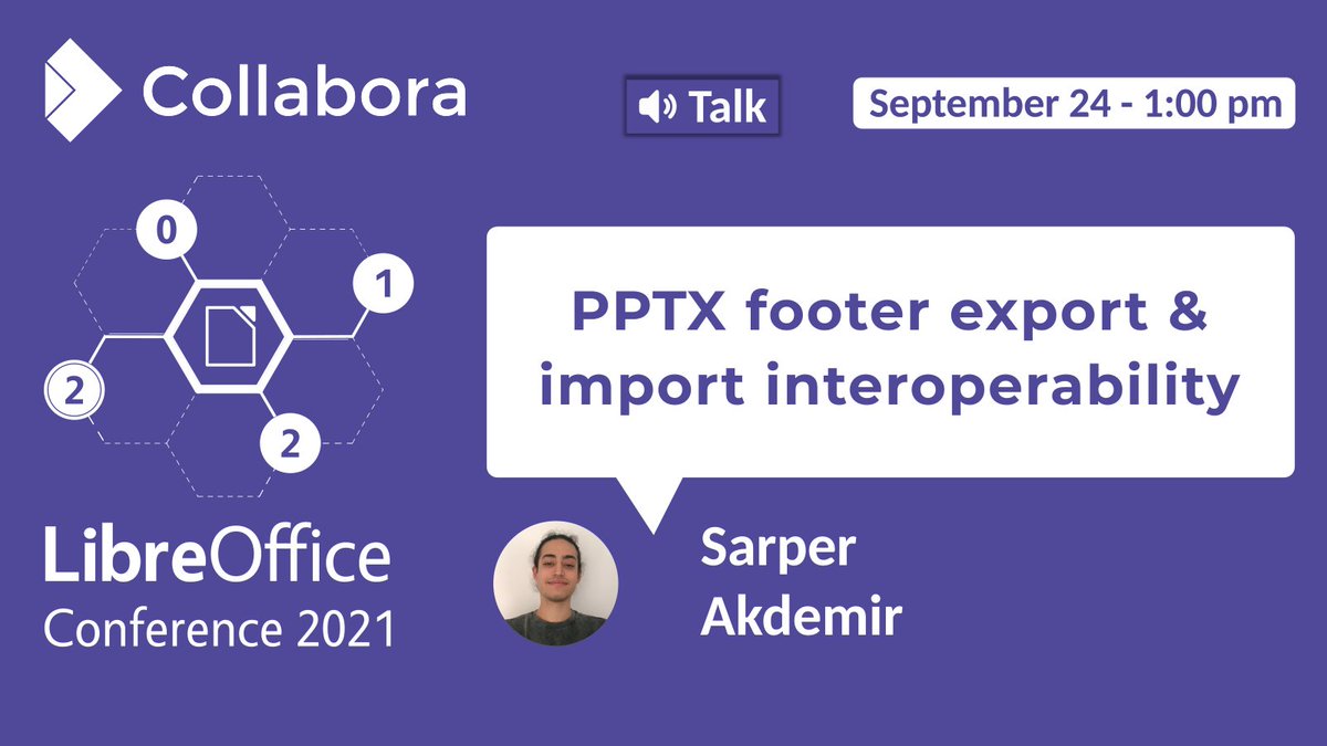 Much has happened regarding #PPTX import &amp; export in <a href="/libreoffice/">LibreOffice</a> ↔️

Hear Sarper Akdemir talk about the various #interoperability improvements and new features in Impress at the #libreoffice conference!

🕐 13h, Room 2 🗓️ events.documentfoundation.org/libocon2021/ta…

#libocon #foss #powerpoint