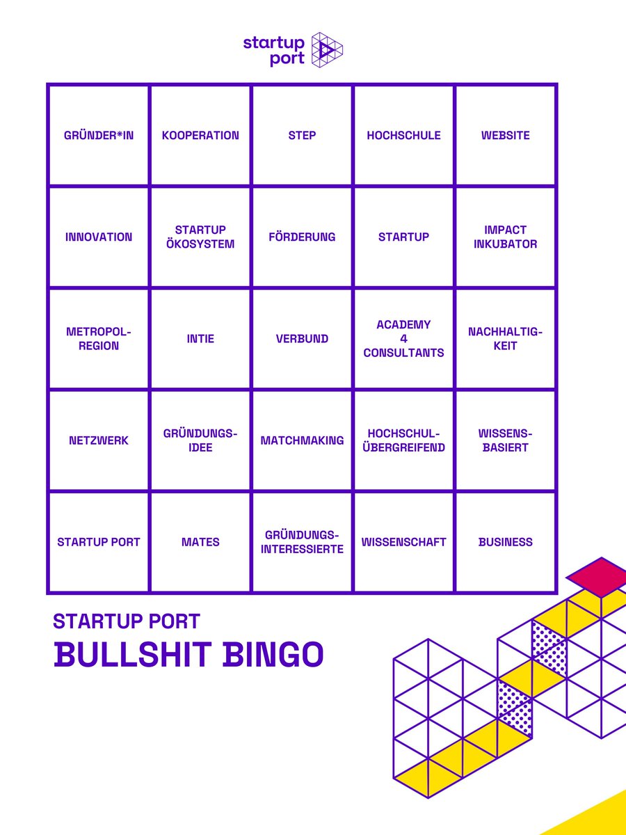 startupport_alt's tweet photo. Lust auf ein Spiel? Hier kommt das #StartupPort Bullshit-Bingo für unsere #StartupPortWEEK! Verpasse unter #SPVerbund #SPThemen und #SPInspirationalDay keinen Video-Upload und teile dein Bingo unter #SPBullshitBingo mit uns!
Who will be first?!😱 https://t.co/cRB8AK5rcL