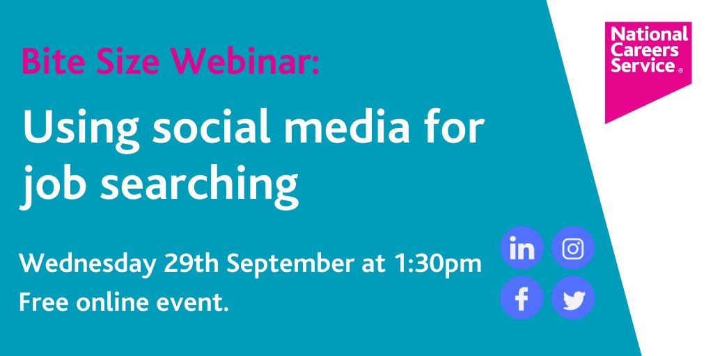 Careers_SWest's tweet image. Find out how to get the most out of LinkedIn, Facebook and other social media sites when job searching at our bitesize #Webinar on Weds 29th September.  Book here ow.ly/ZETg50G8xJs or call 0800 100 900.