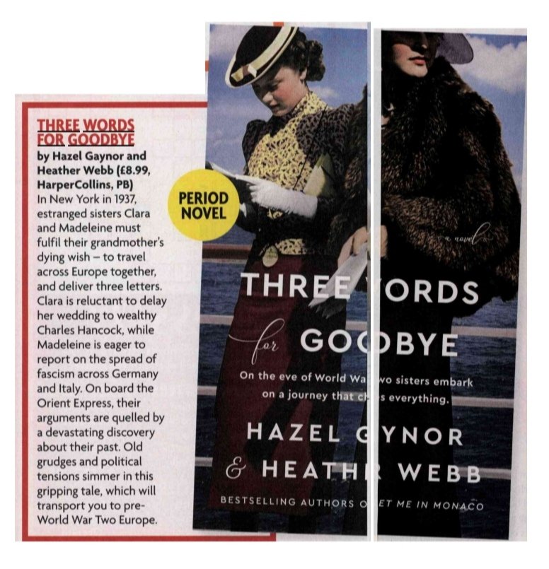HazelGaynor's tweet photo. So thrilled to see #ThreeWordsForGoodbye featured in this week's @WomansOwn books pages. "Old grudges and political tensions simmer in this gripping tale which will transport you to pre-WW2 Europe." 😊📖🚢 https://t.co/ONYXE65KVJ