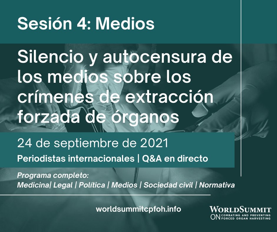 Estamos a punto de retomar la Cumbre Mundial para Combatir y Prevenir la Extracción Forzada de Órganos. 
La sesión de hoy abordará el papel de los medios en esta tragedia de proporciones históricas. 
📢Regístrese HOY: #webinar gratuito 
👉WorldSummitcpfoh.info