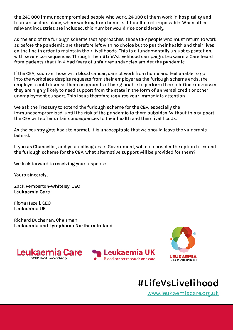 LeukaemiaCareUK's tweet photo. ๐จ๐ข @LeukaemiaCareUK, @LeukUK, and @LAL_NI have written an open letter to the Chancellor of the Exchequer, @RishiSunak, asking @hmtreasury to extend the furlough scheme for clinically extremely vulnerable leukaemia patients. ๐ #LifeVsLivelihood https://t.co/ZgvSUlTkLe