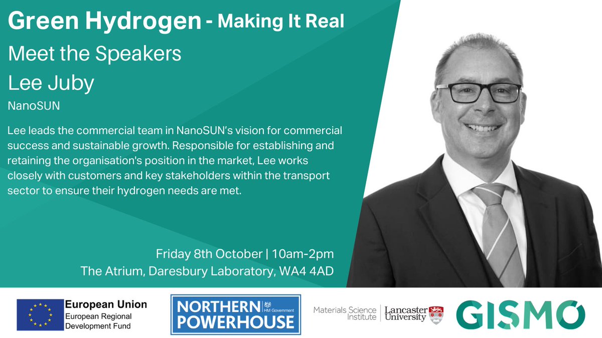 Meet our fantastic speakers for the upcoming Green Hydrogen - Making It Real event! <a href="/NanoSUNH2/">NanoSUN</a>'s Lee Juby will be discussing how to set-up mobile-refuelling for hydrogen-powered vehicles. Make sure to register for your place here ▶️ bit.ly/3hSEEDl