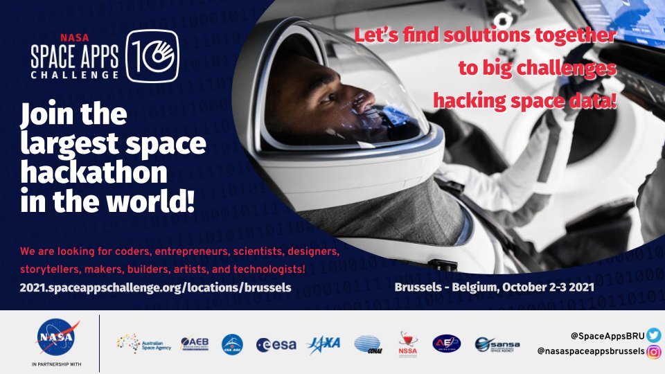 NASA Space Apps Challenge - Brussels (@spaceappsbru) on Twitter photo Join <a href="/NASA/">NASA</a> and problem-solvers around the world to propose creative solutions to challenges facing Earth & space. The #SpaceApps #Brussles community invites YOU on Oct 2-3 for another virtual hackathon that is sure to be one for the books! Register here: 2021.spaceappschallenge.org/locations/brus… Join <a href="/NASA/">NASA</a> and problem-solvers around the world to propose creative solutions to challenges facing Earth & space. The #SpaceApps #Brussles community invites YOU on Oct 2-3 for another virtual hackathon that is sure to be one for the books! Register here: 2021.spaceappschallenge.org/locations/brus…