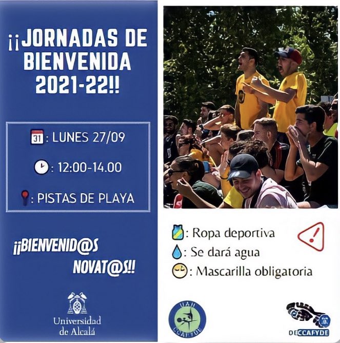 Retomamos nuestras jornadas de bienvenida para l@s novat@s 💪🏼🤩

🗓: Lunes 27 sept
🕑: 12.00-14.00
📍: pistas de playa

Será imprescindible traer ropa deportiva 🎽, además de llevar siempre la mascarilla 😷‼️