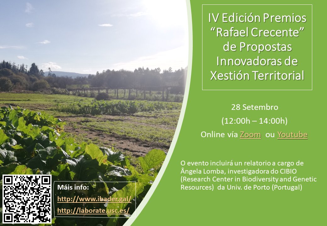 📅 #Convocatorias 

Bo día! 😊 O próximo martes 28 de setembro, ás 12:00 horas, terá lugar ó acto de entrega dos IV Premios Rafael Crecente de Propostas Innovadoras de Xestión Territorial, organizado polo @Ibader001 e o <a href="/LaborateUSC/">LaboraTe</a> da <a href="/UniversidadeUSC/">USC</a> .