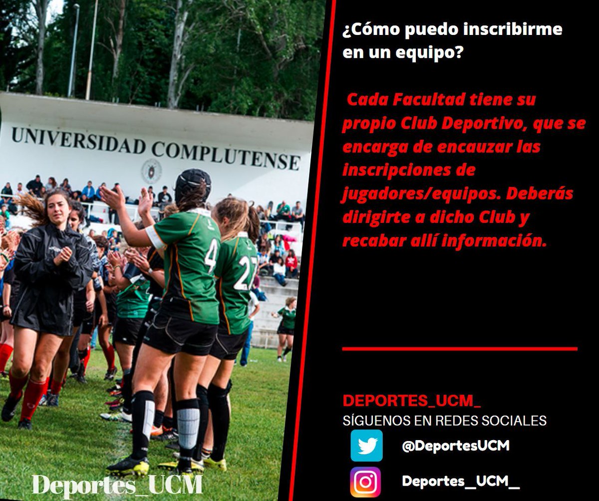 DeportesUCM's tweet photo. Para todos nuestros deportistas que desean ser parte de los clubs deportivos de la Universidad Complutense y participar en las competiciones oficiales aquí dejamos información:
https://t.co/b2K5ze4l9C https://t.co/xE7h5sez46