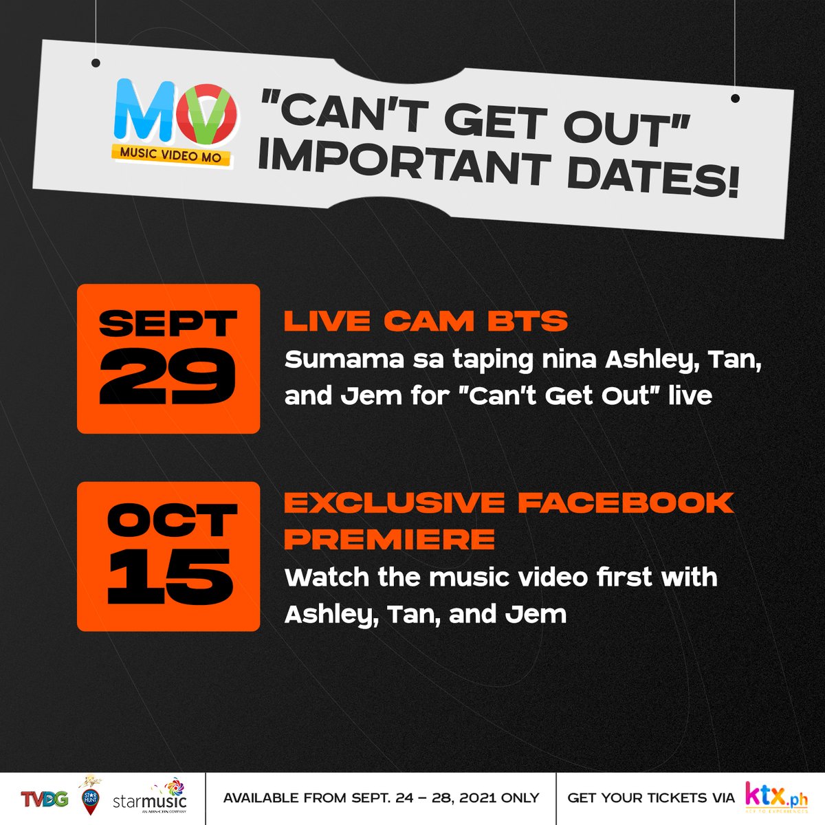 starhuntabscbn's tweet photo. Psst! Don't get these dates out of your minds! 😊 Invited ang lahat dahil #MusicVideoMo 'to! Visit https://t.co/zN7IRzqini for the tickets. @lallainashley @tanredroncal @Jemmacatuns https://t.co/bKdXuPVuxX