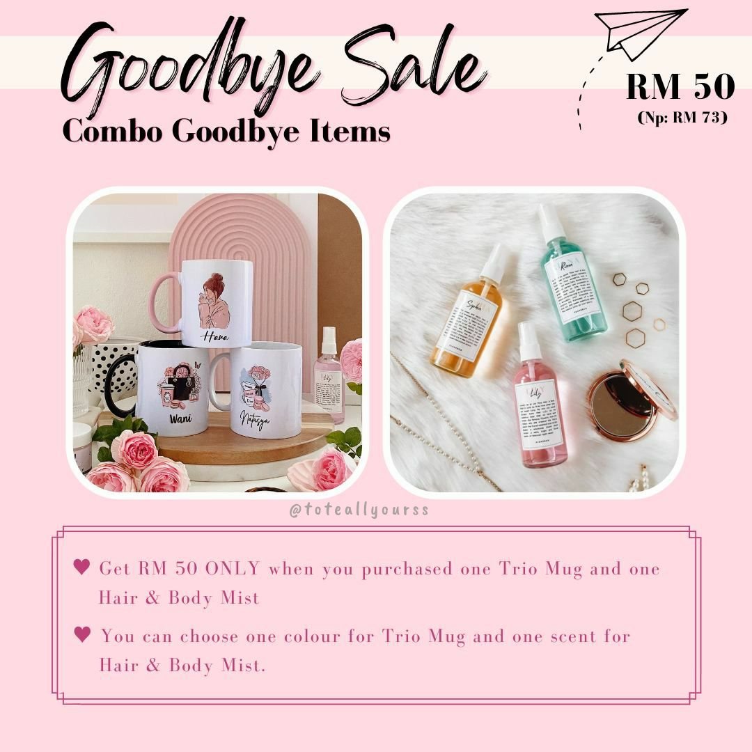toteallyourss's tweet photo. #GoodbyeSale — Combo Goodbye Items

• Get RM50 only when you purchased one (1) Trio Mug and one (1) Hair &amp; Body Mist.
• You can choose one (1) color for Trio Mug and one (1) scent for Hair &amp; Body Mist.

To order : https://t.co/vrzbLnwVqx https://t.co/xKZswhwcoA