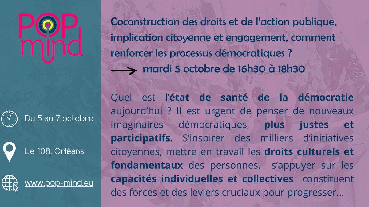 UFISC's tweet photo. Comment va la #démocratie ? Pour un avenir plus juste, réapproprions-nous le #droit ! Participons à l’élaboration de l’#actionpublique ! Prônons l’#engagement! 
Avec nous pour en discuter: @GallartRomain @fredsultan Ida Tesla #PihPoh Christophe Jibard
-> inscrivez-vous! #POPMIND https://t.co/eyPM55NEdX