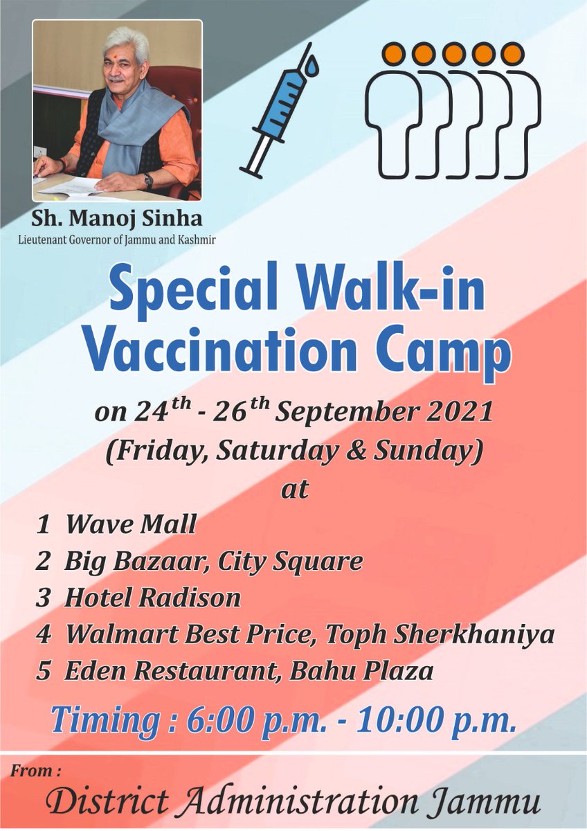 hello_anshul's tweet photo. 90% of the adult population in #Jammu already covered with first doses as part of #LargestVaccineDrive. Weekend Walk-in Camps in the evenings over next 3 days at 5 locations in the City. Appeal to the remaining 10% to get their jabs asap. @diprjk https://t.co/a3WmyYv9tE