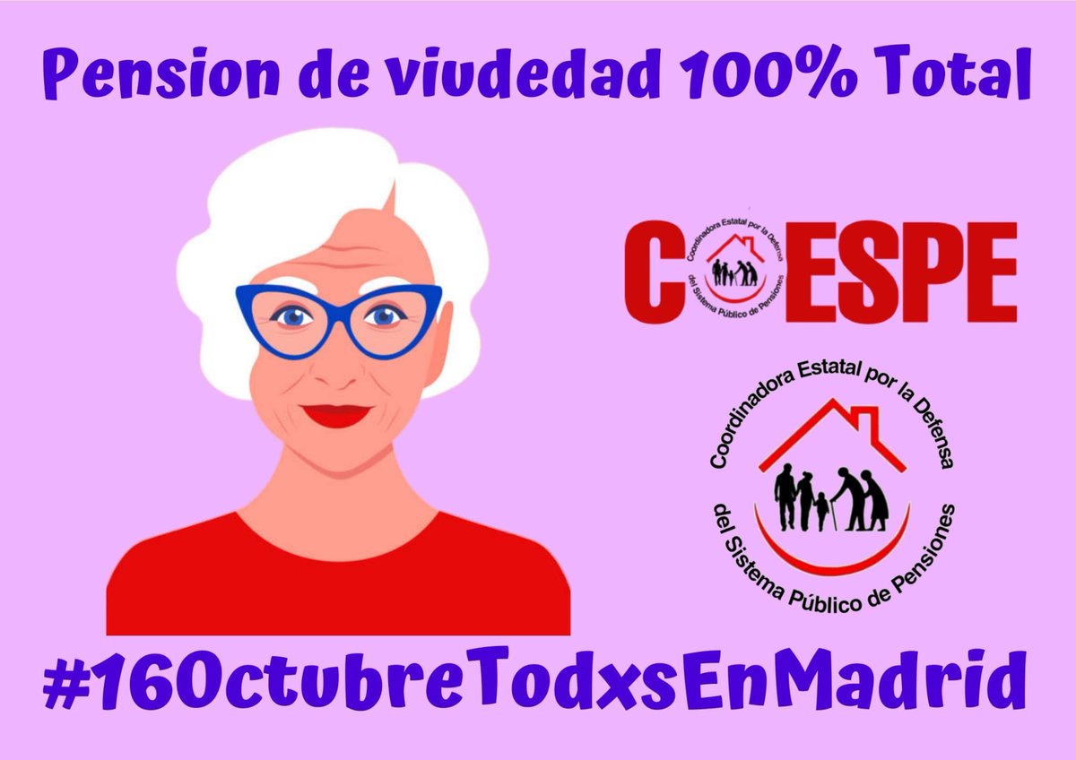 La pensión de viudedad será necesaria mientras millones de mujeres hayan dedicado su vida al cuidado del hogar y familia. Ha de ser del 100% del salario de la pareja o cónyuge.
#MantenimientoPensiónViudedad
#16OctubreTodxsEnMadrid 
<a href="/CoespeOficial/">COESPE@OFICIAL</a>