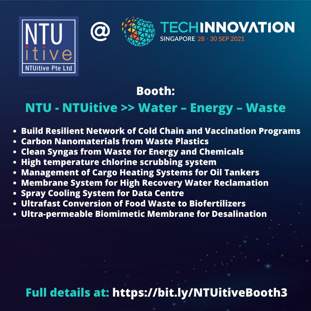We'll be at #Techinnovation2021!

bit.ly/NTUitiveBooth1 for ICT, AgriTech, and FoodTech
bit.ly/NTUitiveBooth2 for Materials and HealthTech
bit.ly/NTUitiveBooth3 for Water, Energy, and Waste
 
Register for your passes now at techinnovation.com.sg!

<a href="/techinnov_sg/">TechInnovation</a> <a href="/NTUsg/">NTU Singapore</a>
