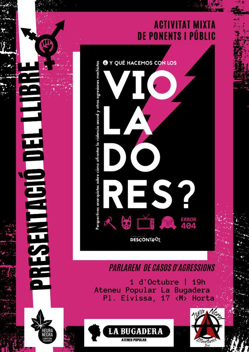 👉 Divendres 1/10 estarem a <a href="/La_Bugadera/">Ateneu Popular La Bugadera</a> d'Horta, amb les companyes de <a href="/LlibertariesZN/">Llibertàries BCN Zona Nord Ⓐ</a>.
⚠️ Avís de contingut: parlarem d'agressions masclistes i de la seva prevenció i gestió (però NO tractarem casos concrets). Tant les ponents com l'assistència seran mixtes.