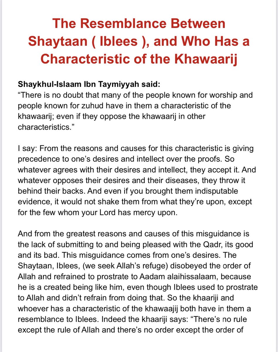 annahjRadioEng's tweet photo. @AnnahjRadio NEW ARTICLE:

The Resemblance Between Shaytaan ( Iblees ), and Who Has a Characteristic of the Khawaarij

By:
Shaykh Mohammad Othman AlAnjari حفظه الله 

-
Link for PDF:

https://t.co/hpXVHkj77q https://t.co/xHwmDfOpUB