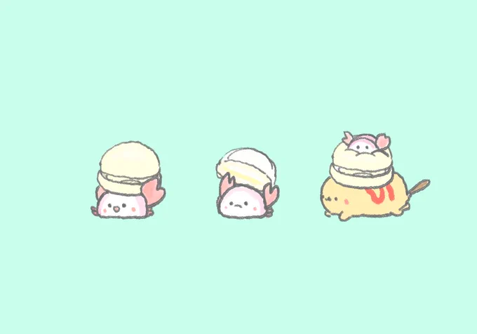 雪見だいふくみたいなパンを運ぶかにかまちゃんとアメドちゃん 